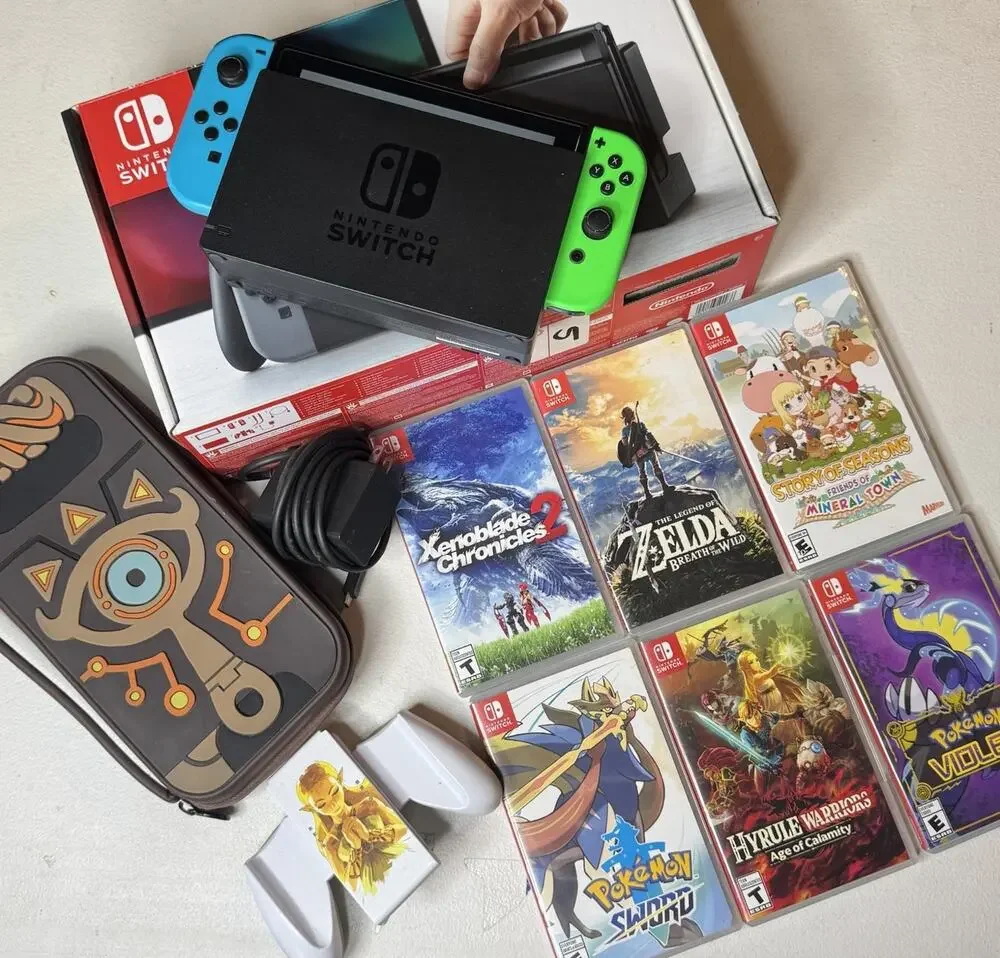Nintendo Switch Console Bundle Neon Blue Red 6 Games Dock Case Joy-Con Grip Test